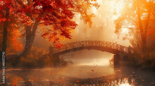 Autumn nature landscape. Lake bridge in fall forest. Path way in gold woods. Romantic view image scene. Magic misty sunset pond. Red color tree leaf park. Calm bright light  city sunrise  sunlight sun