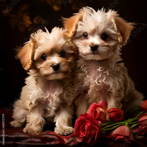 petits caliches bisous,,little dogs black eyes brown ear pink ribbon black bag round generate ai photo