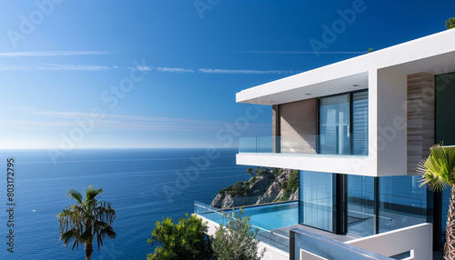 A contemporary coastal villa with sleek design and stunning sea views, captured on a bright and sunny summer day. © Arooj
