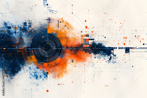 Vibrant abstract digital artwork with an explosion of blue and orange colors and geometric patterns