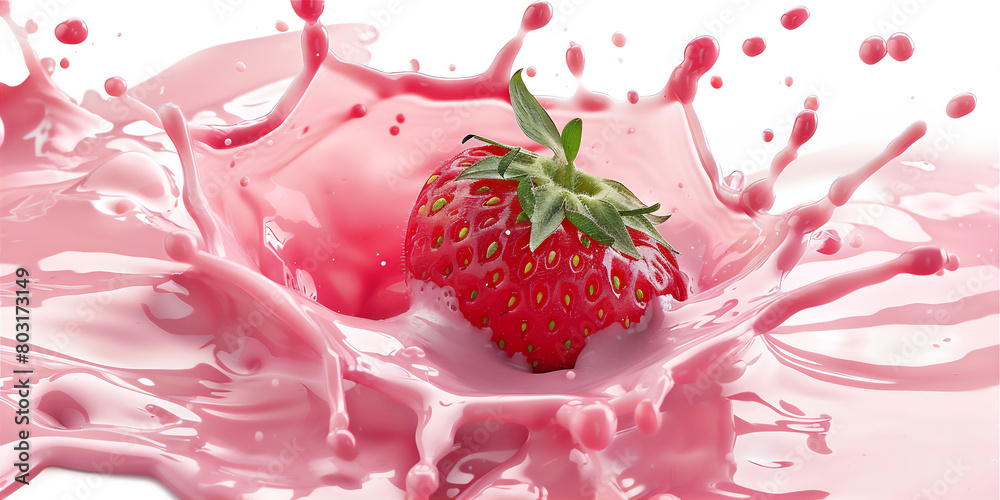 Splash of strawberry milk with strawberry fruit isolated on white background, pink milk, pink liquid splash. Splash of strawberry milk with strawberry fruit isolated on white background, pink milk, pink liquid splash.