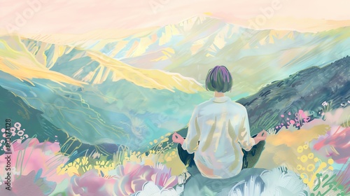 illustration  pastel color image of back view woman sitting in mindful meditating in nature mountain
