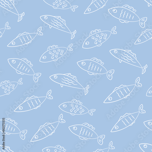 Fish sealife seamless pattern with white outline contour fishes drawings on light blue background vector texture. Textile fabric print. Gift wrapping paper.Repeating tile. Design template.