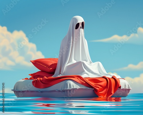 A ghost sunbathing on a floating inflatable mattress, his translucent form shimmering in the sunlight, 8K ,
