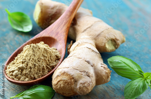 Fototapeta Naklejka Na Ścianę i Meble -  ground and fresh ginger spices for healthy eating