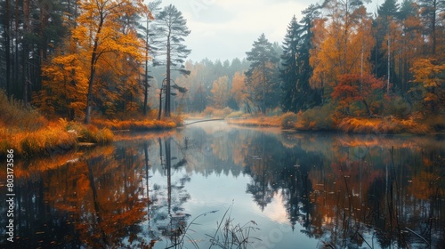 Autumn river landscape. Forest river in autumn nature