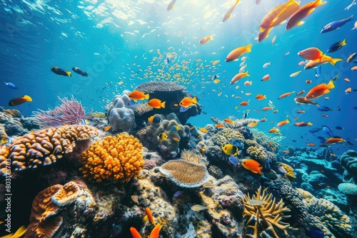 Tropical sea underwater fishes on coral reef. Aquarium oceanarium wildlife colorful marine panorama landscape nature snorkel diving  coral reef and fishes 