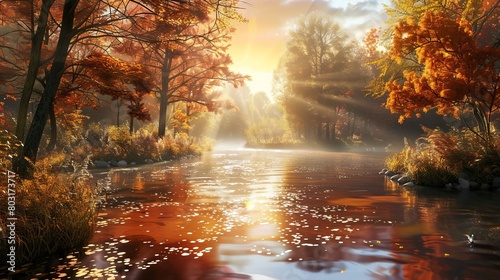 Autumn river landscape. Forest river in autumn nature