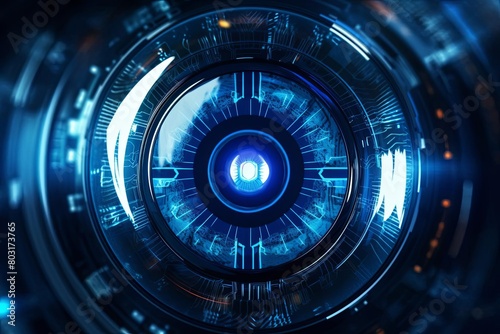 Closeup of hightech eyeball scan, digital elements in blue neon, wide lens, ambient lighting © nattapon98