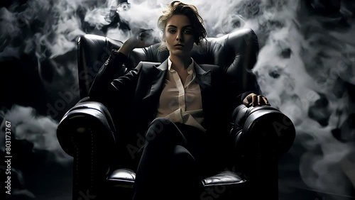 Stylish businesswoman in a black formal suit and white shirt, sitting on an expensive leather chair, shrouded in tobacco smoke from cigars. photo