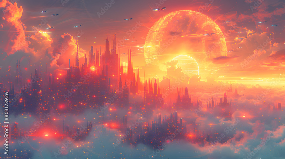Cityscape Sunset with Drones and Digital Trails Cityscape Sunset with Drones and Digital Trails