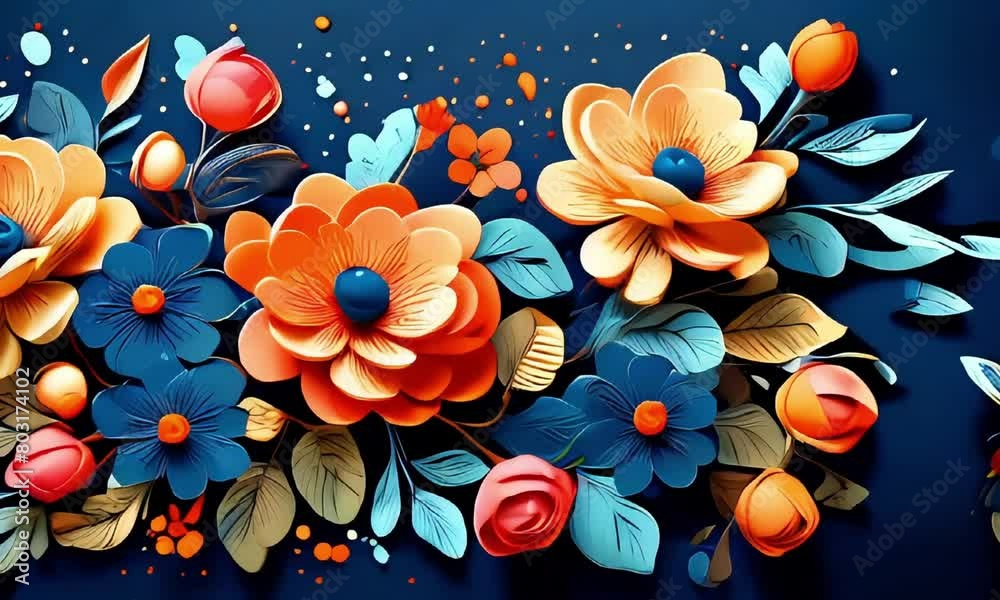 Orange voluminous flowers with a blue core and delicate rounded petals are combined into a single composition. Orange voluminous flowers with a blue core and delicate rounded petals are combined into a single composition.