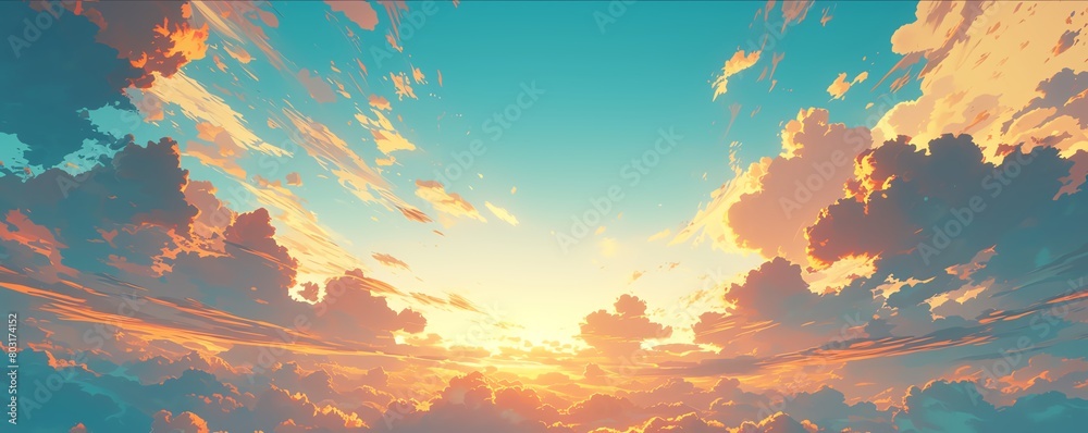 Capture a breathtaking, panoramic view of colorful, cloudy skies at sunrise Render the blend of warm pinks, cool blues, and vibrant oranges in a watercolor style