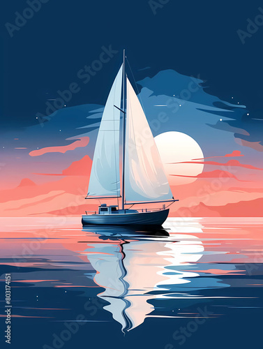 Sailing on the open sea at midnight full moon, island background with copy space