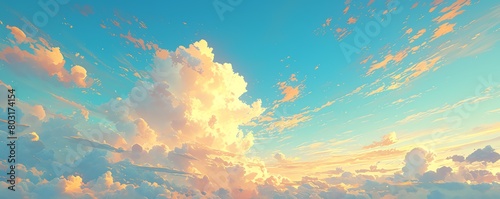 Capture a breathtaking, panoramic view of colorful, cloudy skies at sunrise Render the blend of warm pinks, cool blues, and vibrant oranges in a watercolor style