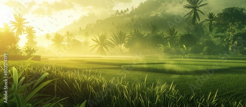 Lovely rice fields in the morning create a perfect background  offering plenty of space for creative ideas.