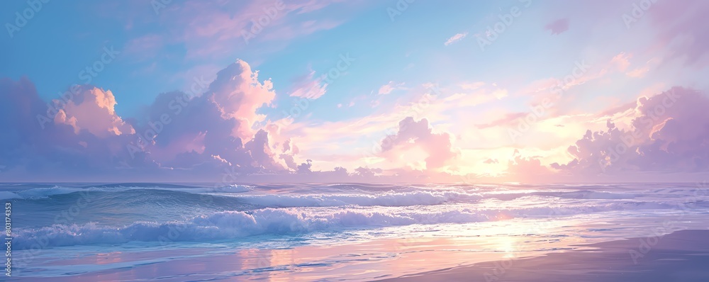 Capture the tranquil beauty of a side view beach scene at dusk, with pastel hues blending seamlessly to depict the colors of the skies and waves in a watercolor style