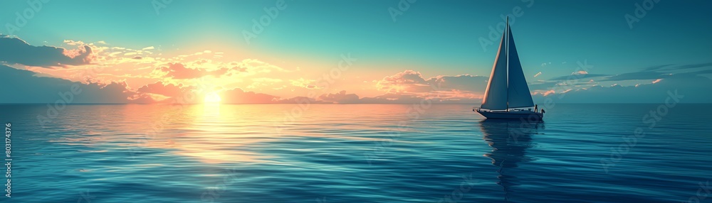 Capture the serene beauty of a lone sailboat gliding across crystal blue waters under a clear sky, the sun setting in the background, casting a golden glow on the scene
