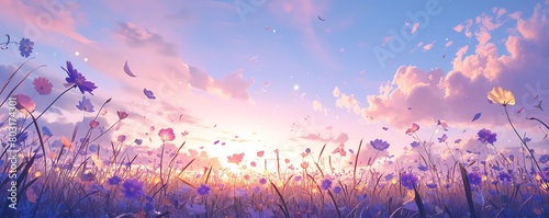 Capture the serene beauty of a field of colorful wildflowers under a vast sky in a traditional watercolor painting Display the delicate petals swaying in the wind against the backd photo