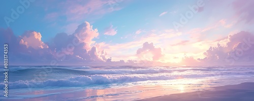 Capture the tranquil beauty of a side view beach scene at dusk, with pastel hues blending seamlessly to depict the colors of the skies and waves in a watercolor style