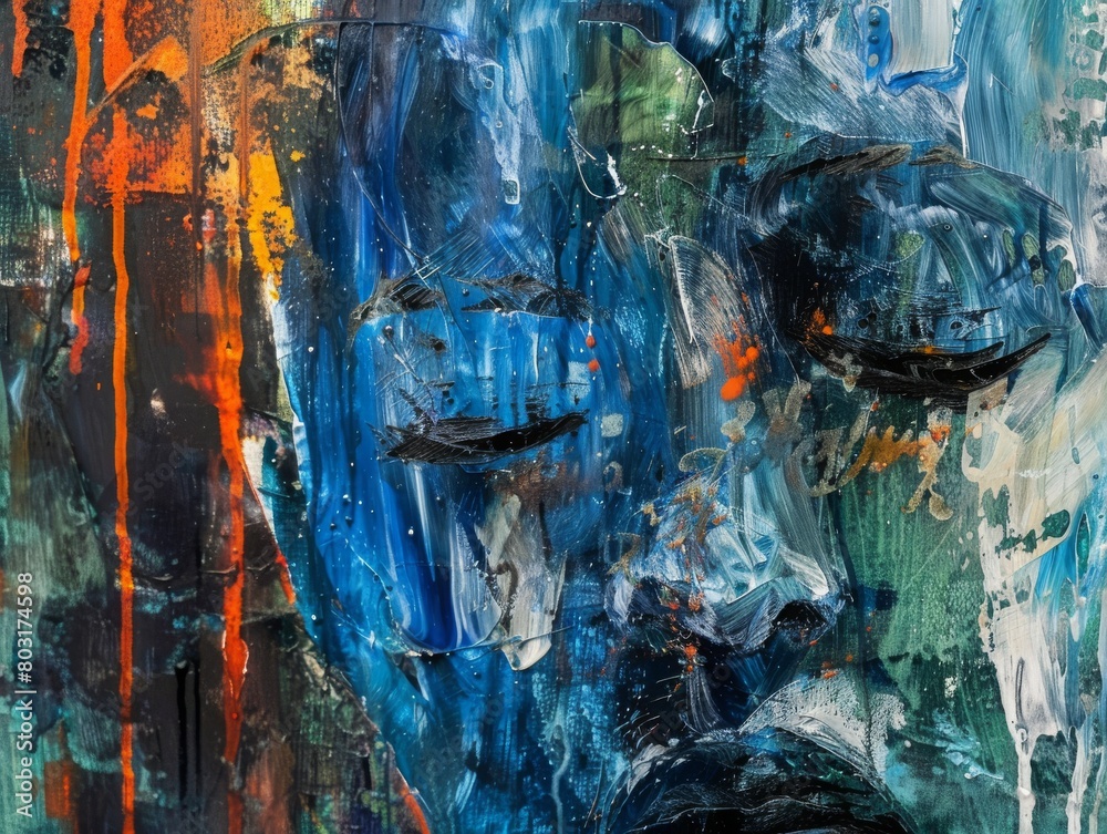 A close-up shot of tears turning into ice, portraying struggle and transformation in a storm. Abstract figures in blue, green, and orange colors add beauty to the misery. Shot in a raw, 4...