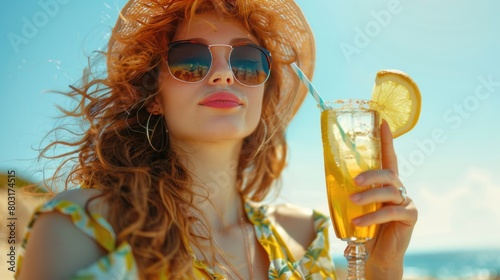 Enjoying girl with cocktail on the beach.