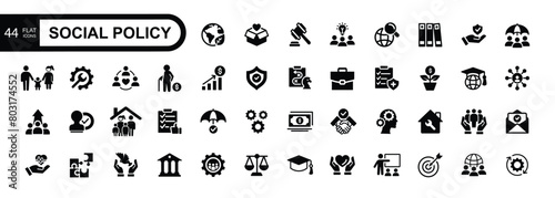  Social policy flat icons, security, government, welfare, protection, family, vector illustration.