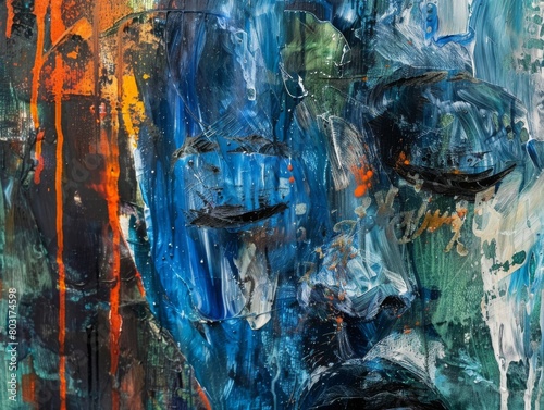 A close-up shot of tears turning into ice, portraying struggle and transformation in a storm. Abstract figures in blue, green, and orange colors add beauty to the misery. Shot in a raw, 4...