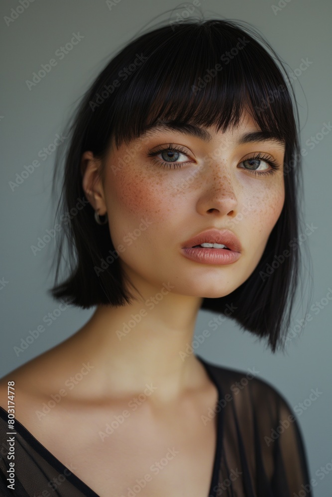 Chic young woman with short bob, freckles, and intense gaze against a grey backdrop Chic young woman with short bob, freckles, and intense gaze against a grey backdrop