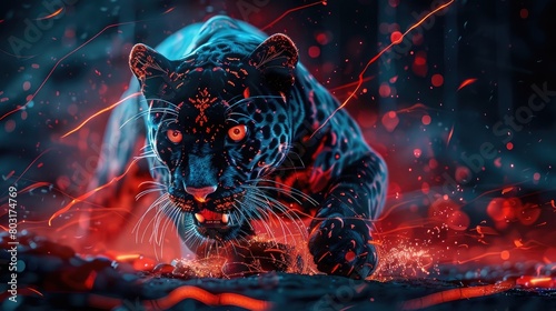 Cool, Epic, Artistic, Beautiful, and Unique Illustration of Panther Animal Cinematic Adventure: Abstract 3D Wallpaper Background with Majestic Wildlife and Futuristic Design © Ahtesham