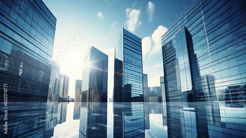 Corporate skyline  towering glass buildings  clear day  dynamic  wide angle