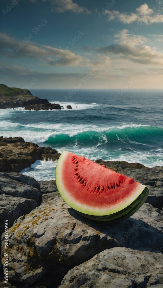 Watermelon slice on a rock overlooking the ocean