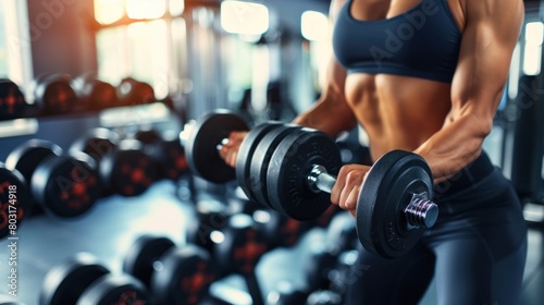 Strong fitness woman training with heavy weights in fitness club.