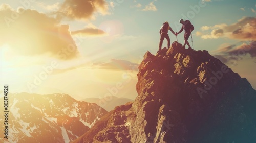 Teamwork concept with man helping friend reach the mountain top.