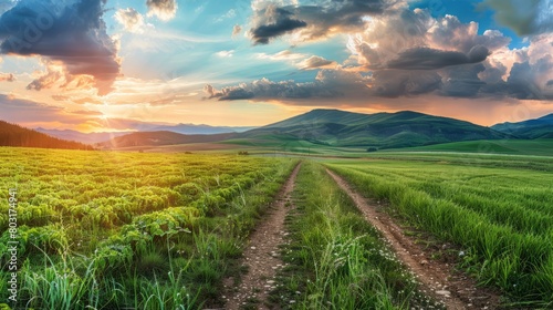 Beautiful summer mountain rural landscape; Panorama of summer green field with dirt road and Sunset cloudy sky