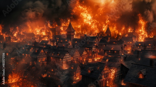 Medieval village on fire  houses are engulfed in flames  fire in city. Attack of barbarians enemies on medieval village settlement. War in the kingdom