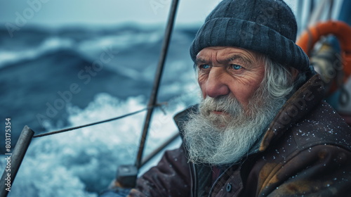 Old bearded fisherman taking on his boat at sea during storm in the ocean, portrait