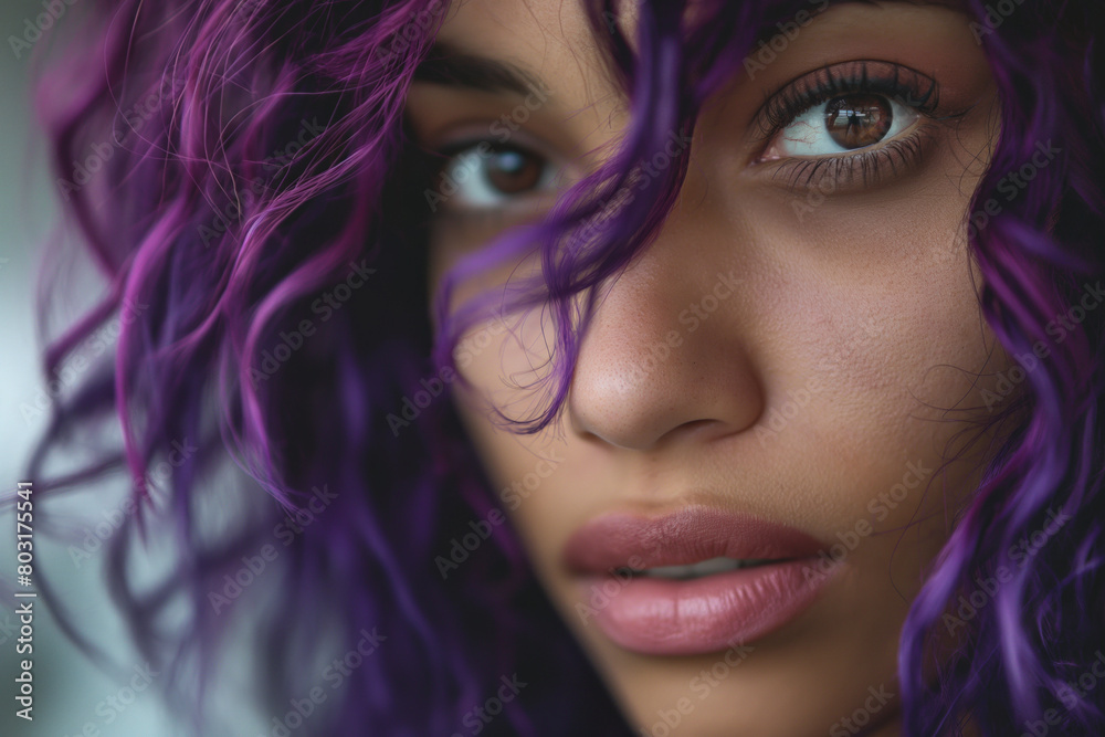 Fototapeta premium Intimate close up of a woman with deep purple curls