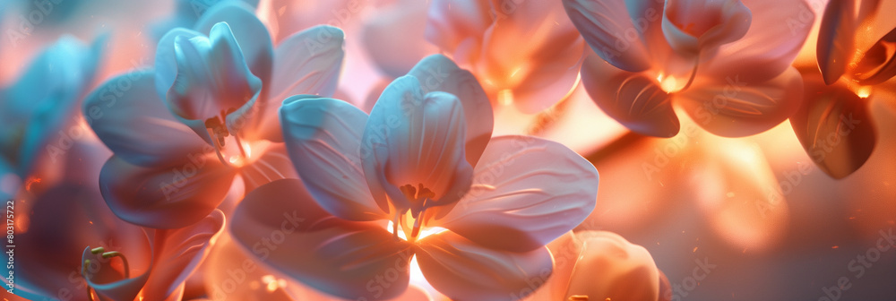 Closeup of beautiful white flowers, orange and blue light background, glowing petals, fantasy style, Unreal Engine, octane rendering, artstation, concept design, cinematic lighting, depth field, ultra