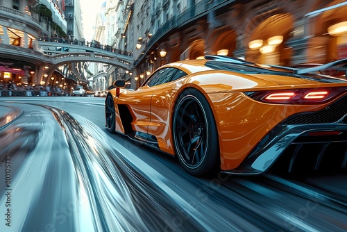 A dynamic shot of a racing sports car cornering at high speed, its tires gripping the asphalt as it leans into the turn. The motion blur conveys the sense of velocity as it reaches 200km/hr 