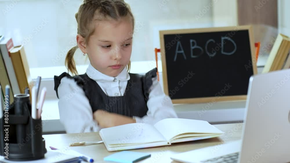 Tired child doesn't want to study. Annoyed pupil tired showing caprice emotion Tired child doesn't want to study. Annoyed pupil tired showing caprice emotion