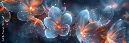 Abstract background with glowing flowers, light and dark colors, blue background, glowing fireflies, white petals of cherry blossoms, glowing orange elements, digital art style, high resolution, high  photo