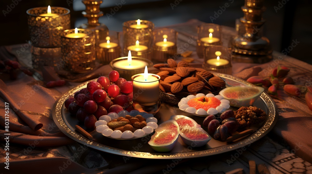 Candles and candies in the shape of a heart on a wooden table