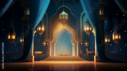 Ramadan Kareem background with Arabic lanterns, 3d rendering