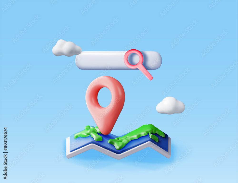 3D location folded paper map, search bar and pin isolated. Red GPS ...