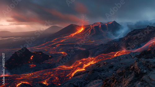 Volcano erupts, spewing lava and ash as dusk settles over the stark landscape