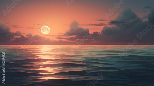 Digital realistic illustration of full moon over the sea poster web page PPT background