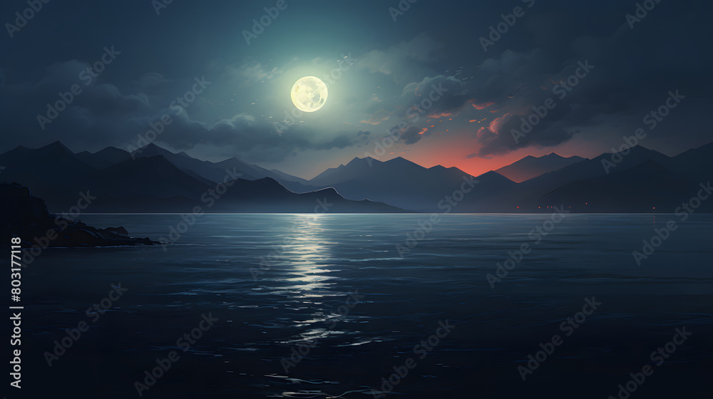 Digital realistic illustration of full moon over the sea poster web page PPT background Digital realistic illustration of full moon over the sea poster web page PPT background