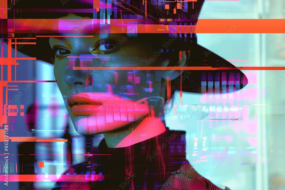 Craft a digital glitch art representation of a high-fashion ensemble ...