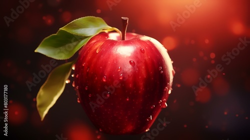 Fresh red apple with water drops on a red background. 3d illustration
